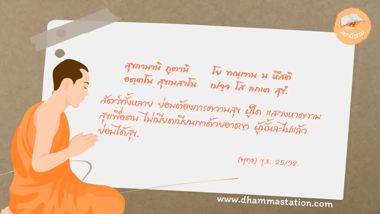 สุขกามานิ ภูตานิ โย ทณฺเฑน น หึสติ อตฺตโน สุขเมสาโน เปจฺจ โส ลภเต สุขํ.